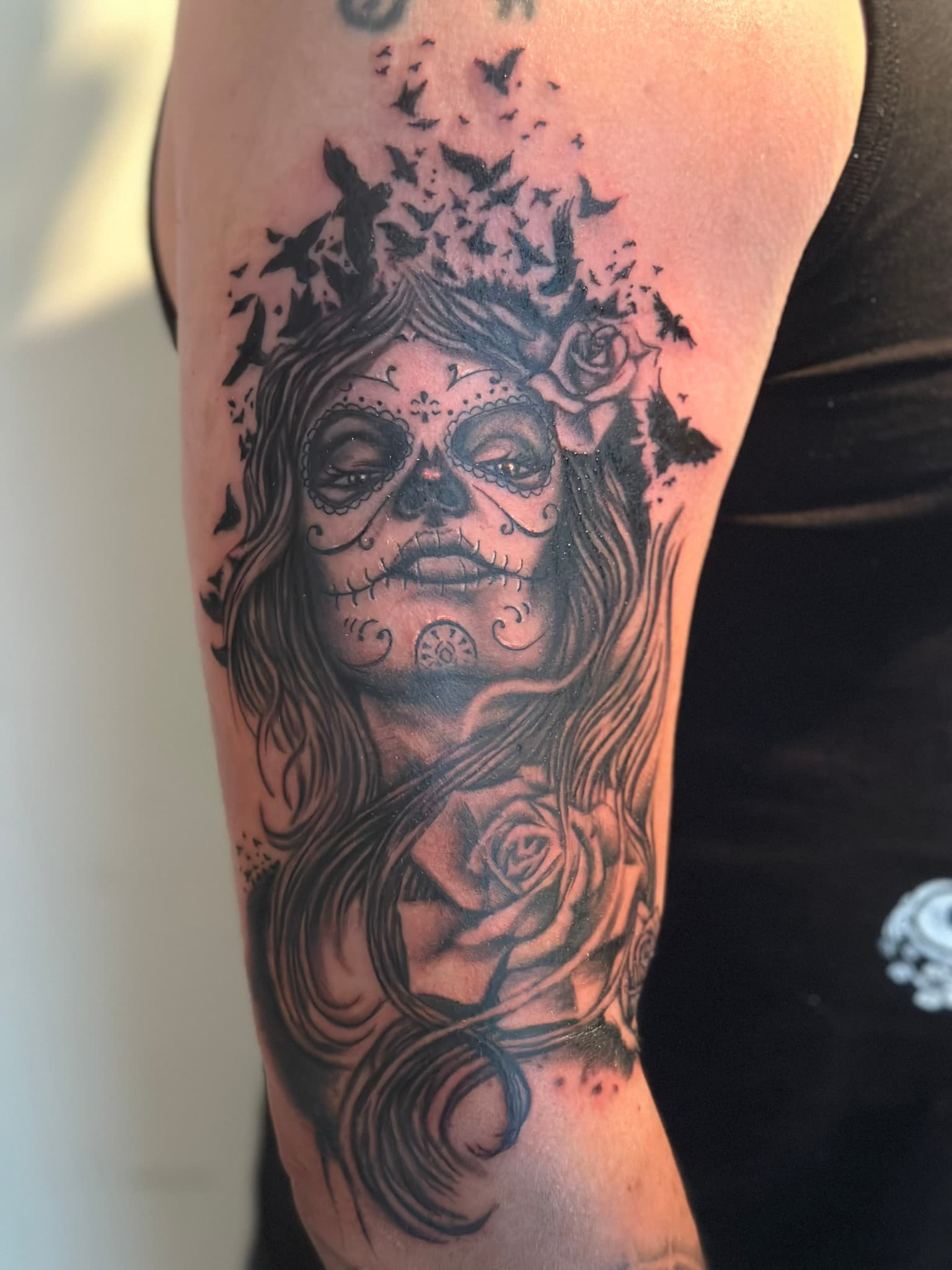 Chicano style Catrina Day of the Dead woman tattoo by Isaac Mackenzie at TNT Tattoo, Aiea, Oahu