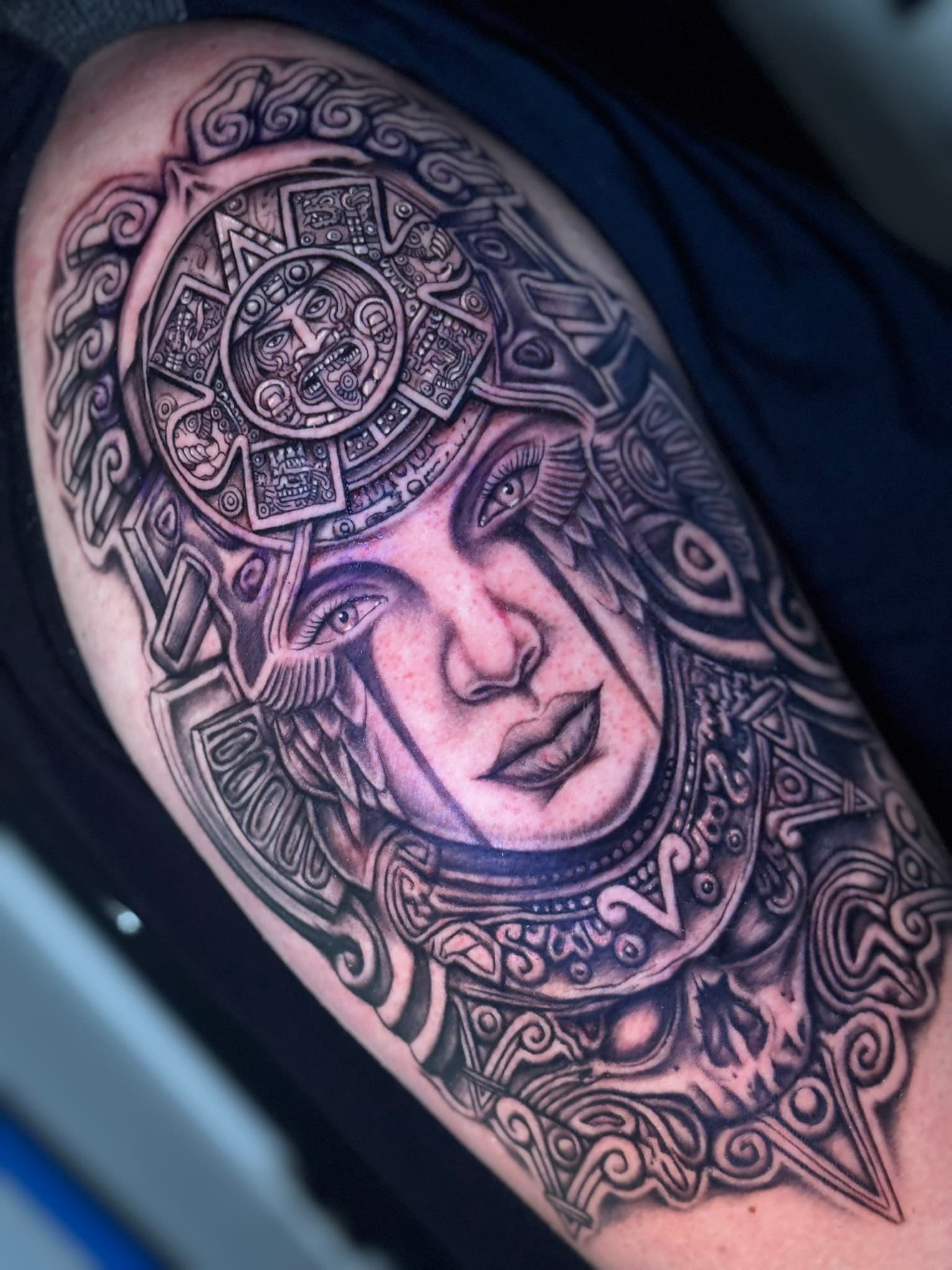 Chicano Aztec sun stone headdress tattoo by Isaac Mackenzie, Hawaii
