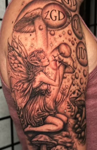 Custom fairy blowing bubbles tattoo by Isaac Mackenzie, Oahu
