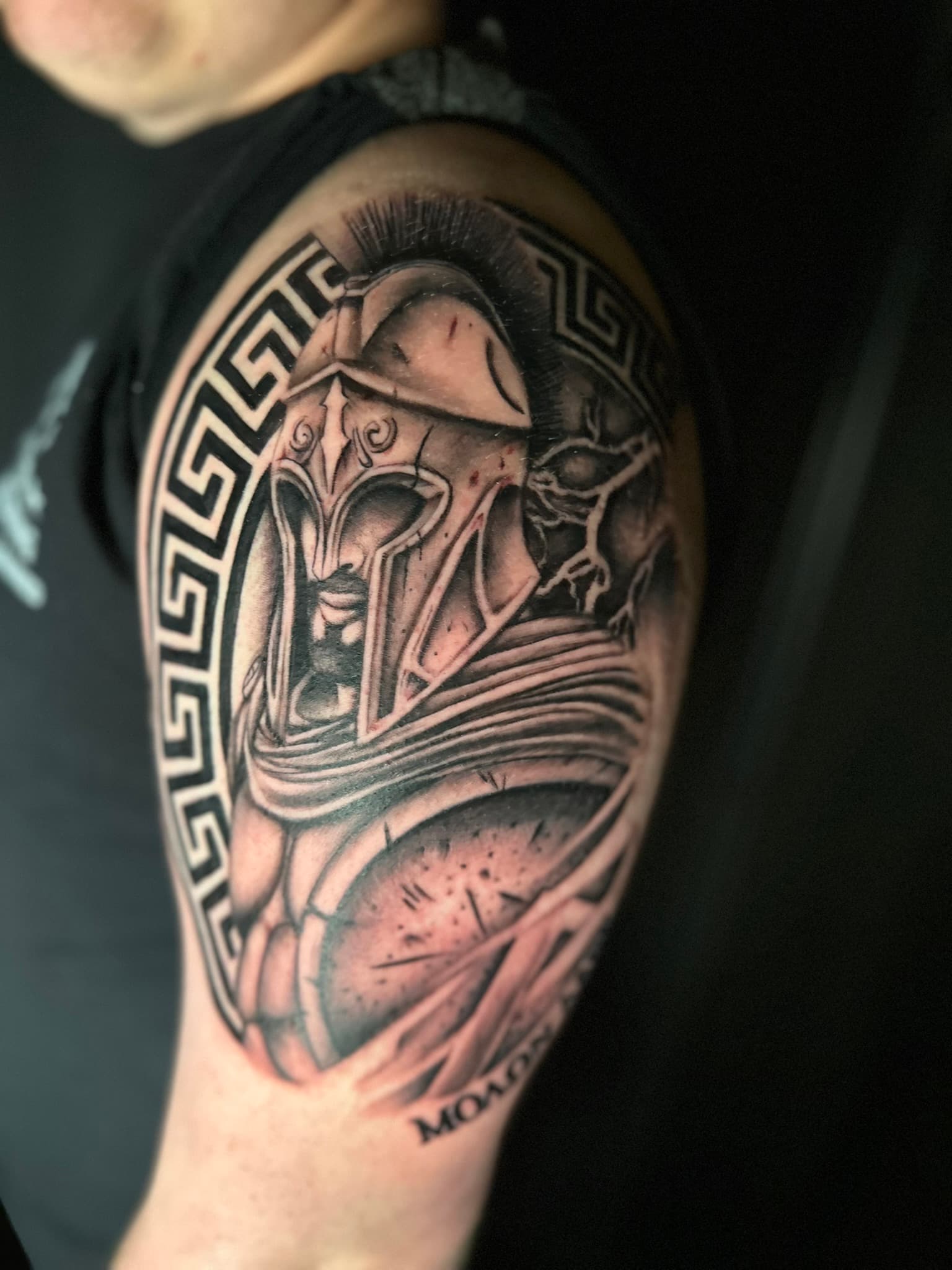 Custom Spartan soldier tattoo by Isaac Mackenzie, Oahu