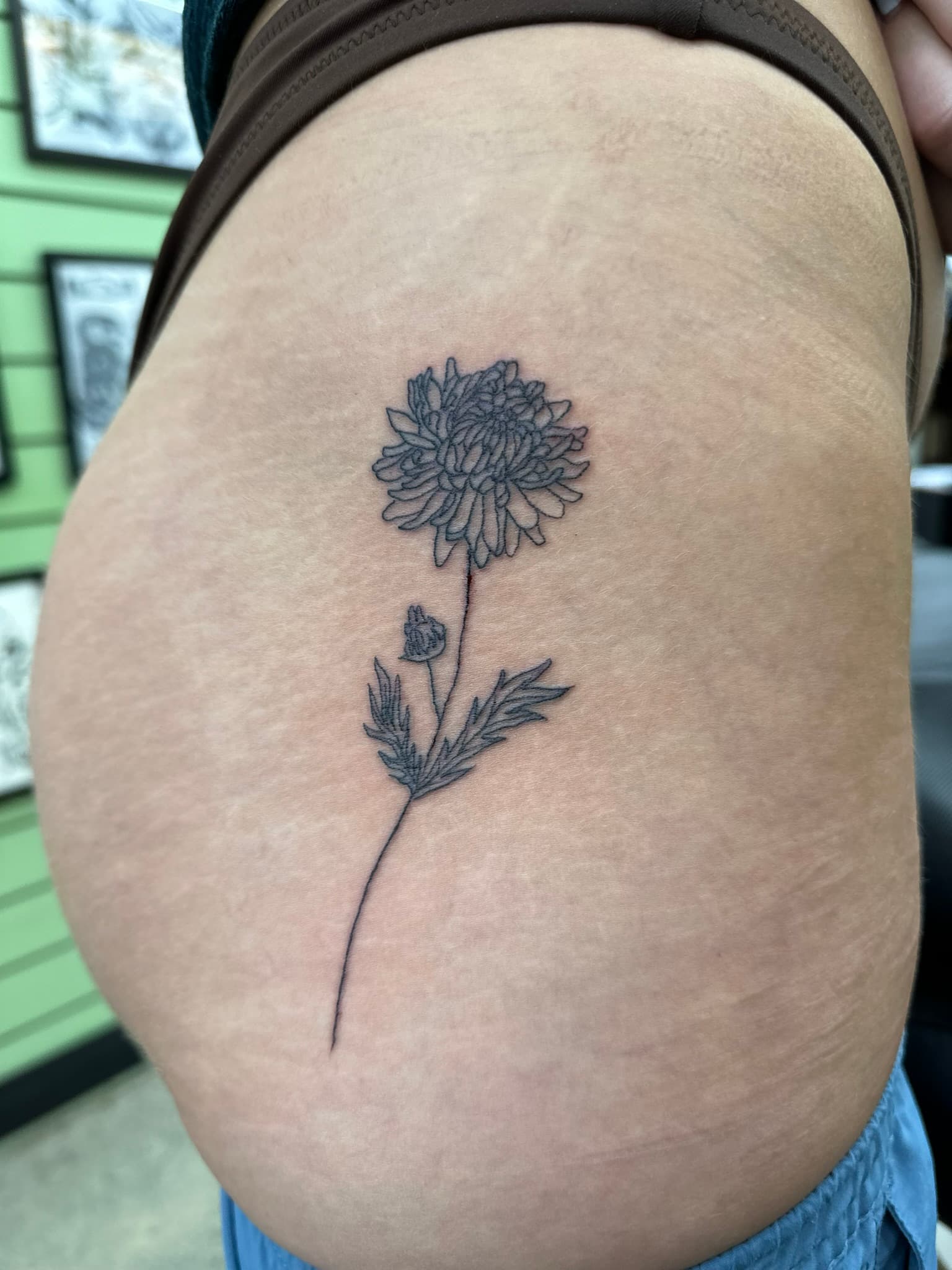 Fine line chrysanthemum flower tattoo by Isaac Mackenzie, Oahu