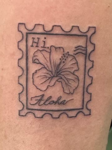 Fine line hibiscus postage stamp tattoo by Isaac Mackenzie, Oahu