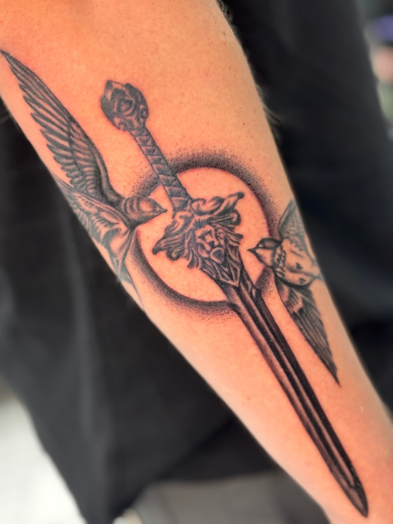 Fine line sparrows and sword tattoo by Isaac Mackenzie, Oahu