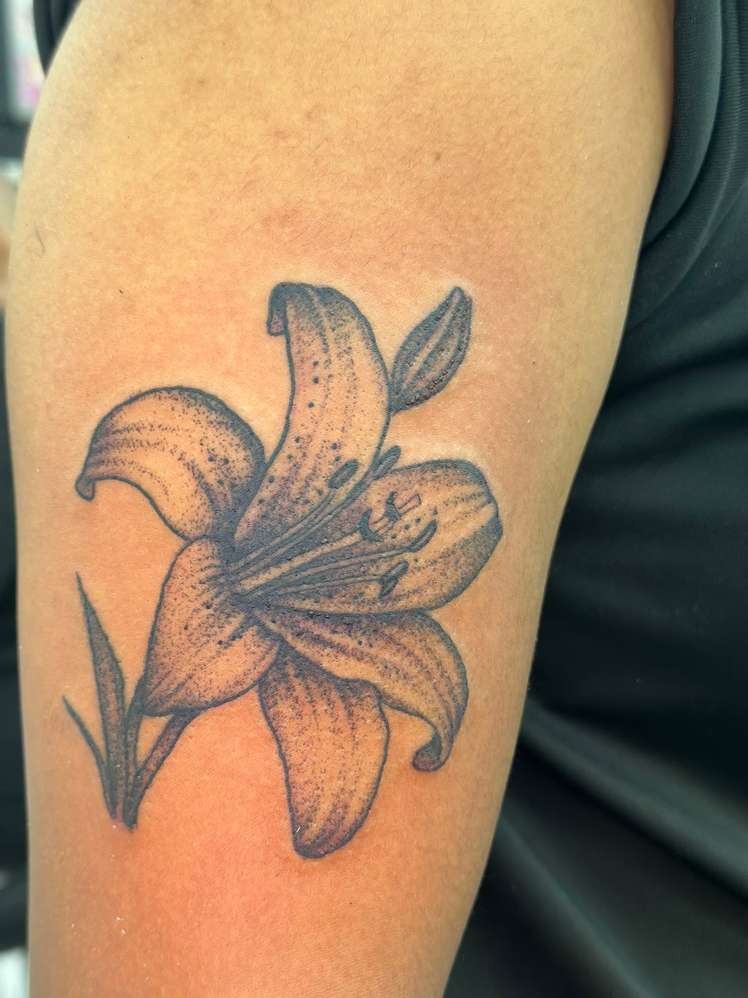 Fine line tiger lily tattoo by Isaac Mackenzie, Oahu