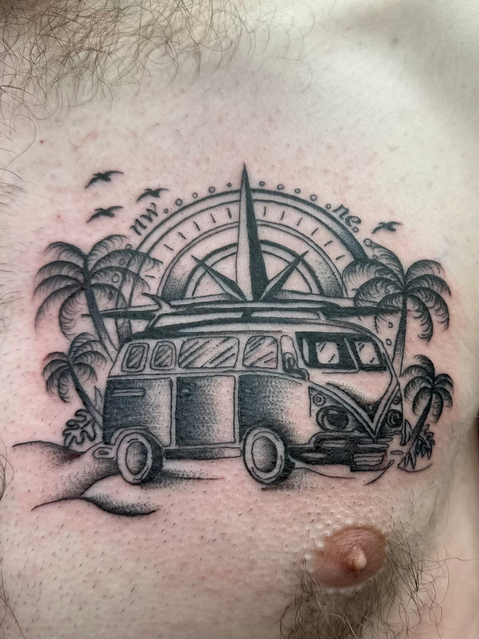 Fine line VW camper van traveler tattoo by Isaac Mackenzie at TNT Tattoo, Aiea, Oahu
