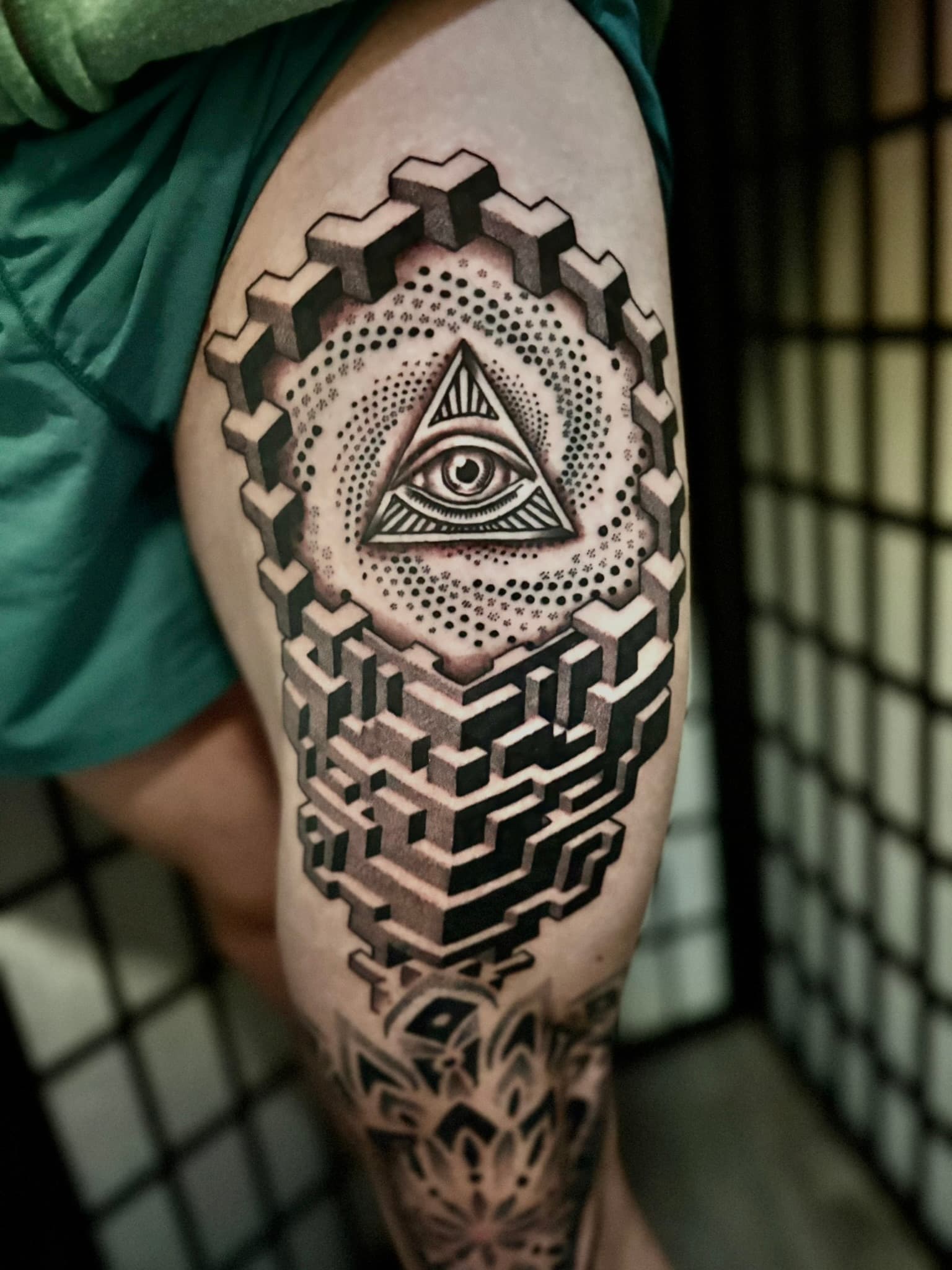 Geometric all-seeing eye with 3D cubes tattoo by Isaac Mackenzie, Oahu