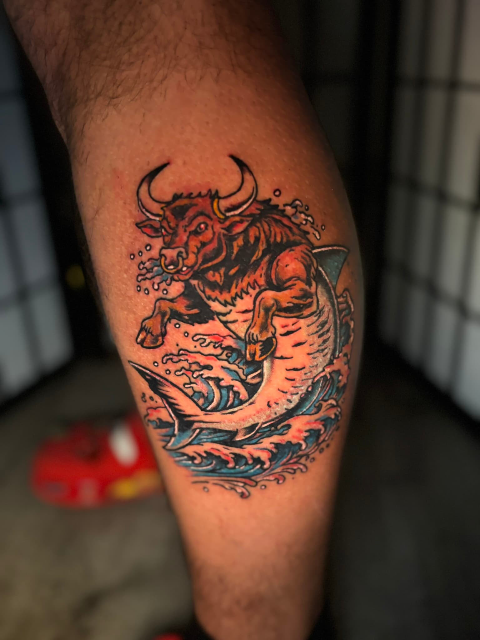 Illustrative bull shark tattoo by Isaac Mackenzie, Oahu