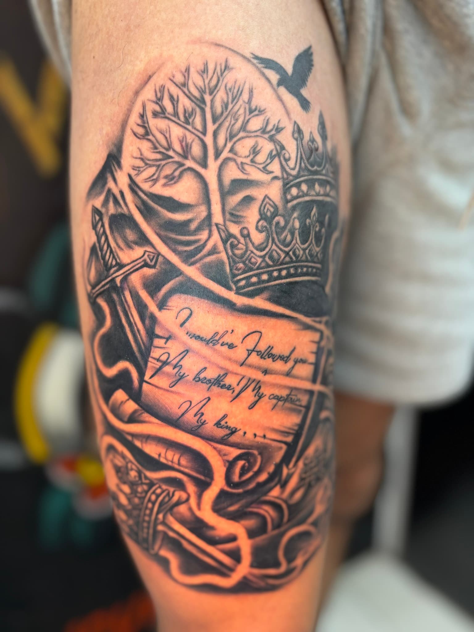 Lord of the Rings inspired illustrative tattoo by Isaac Mackenzie