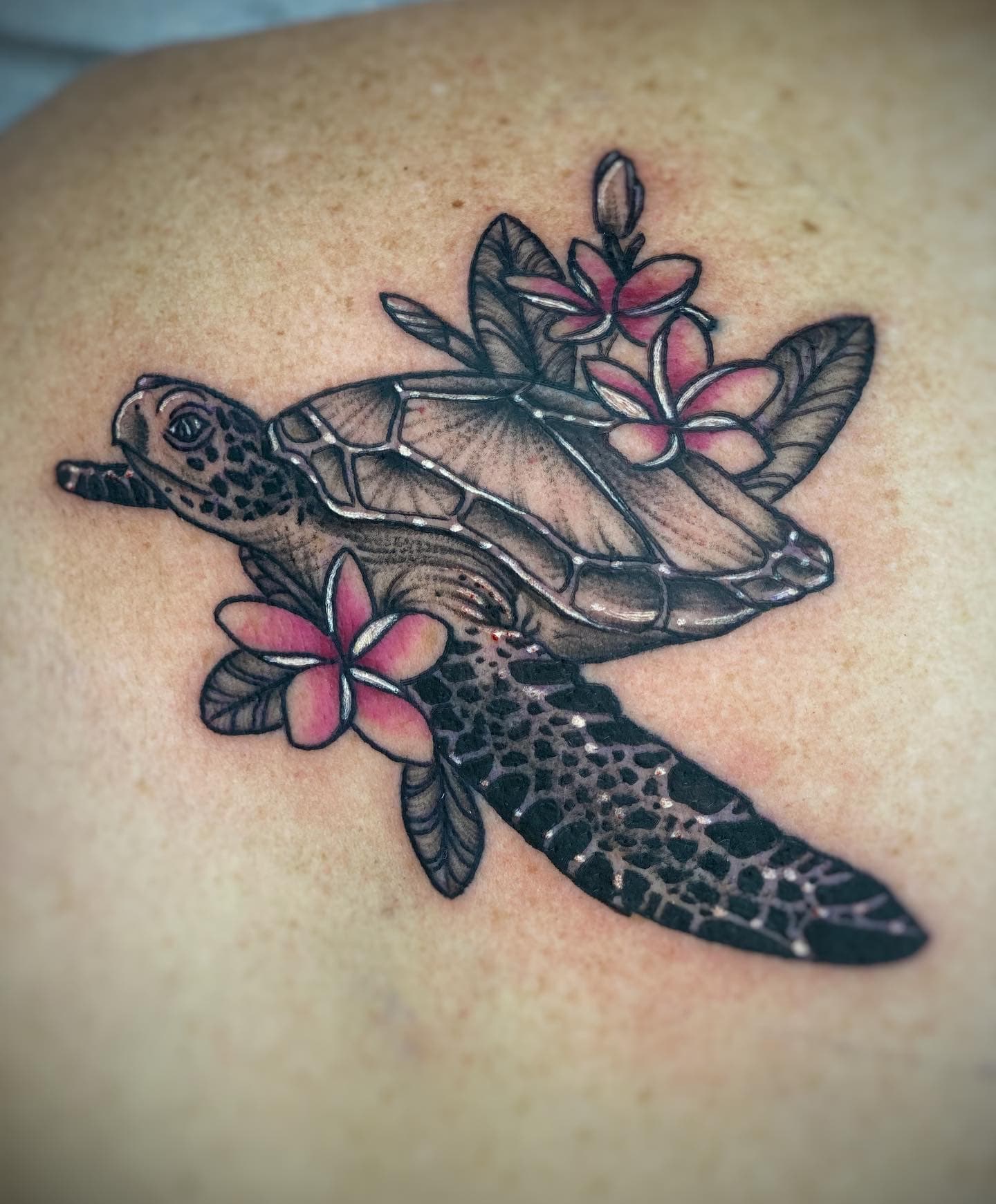 Illustrative sea turtle and plumeria tattoo by Isaac Mackenzie, Hawaii