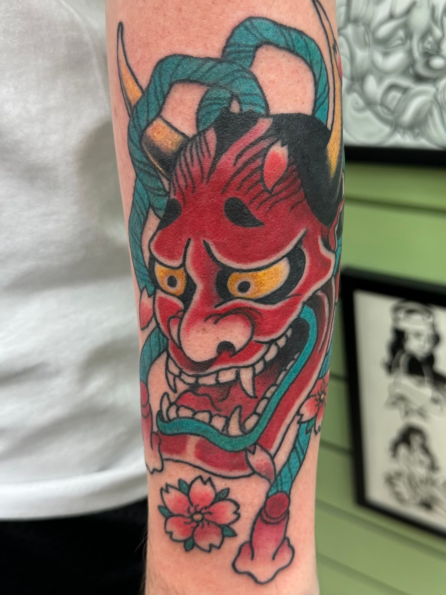 Japanese traditional color hannya mask flash by Isaac Mackenzie at TNT Tattoo, Aiea, Oahu