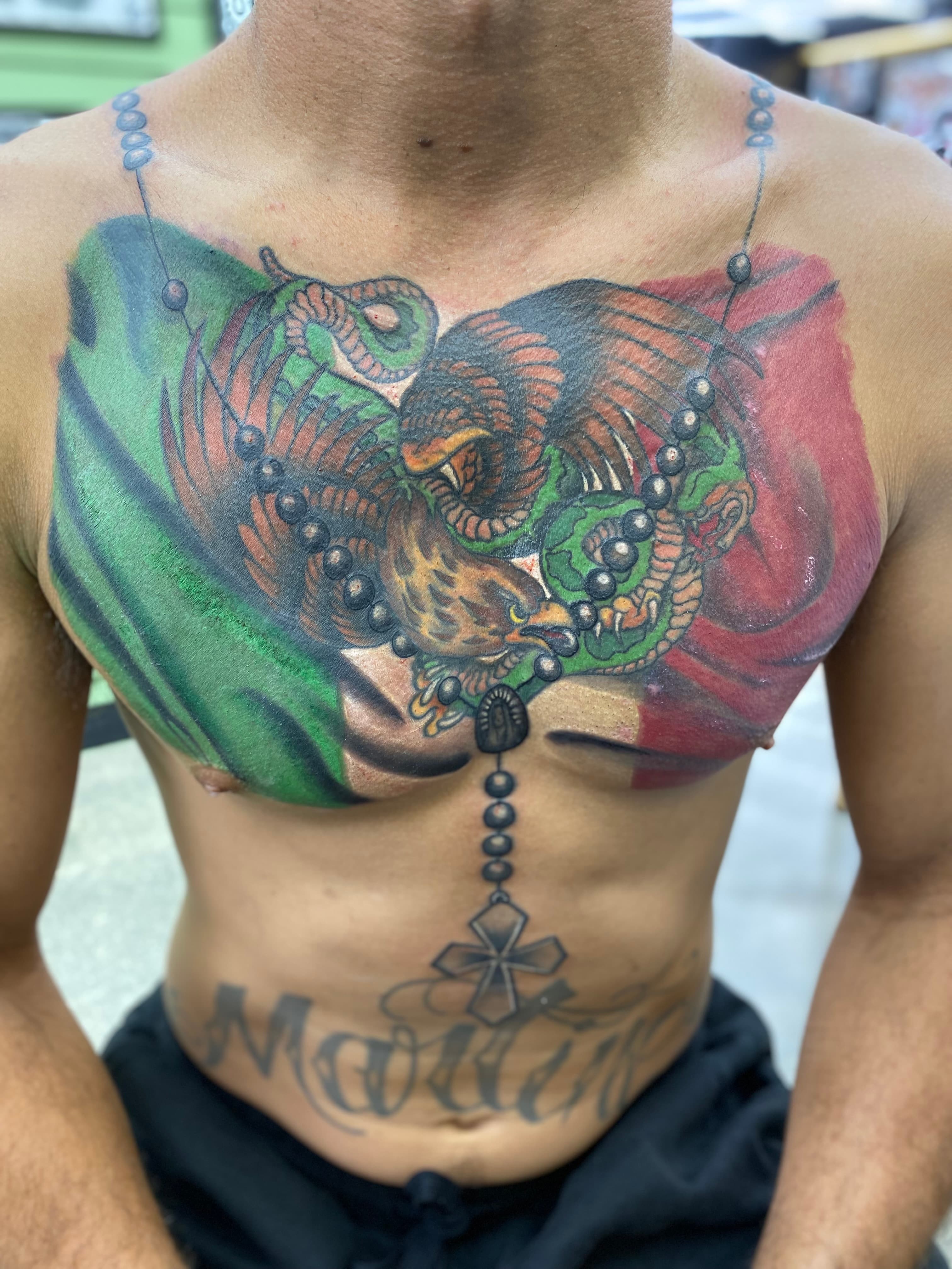 Neo-traditional Mexican chest piece tattoo by Isaac Mackenzie at TNT Tattoo, Aiea, Oahu