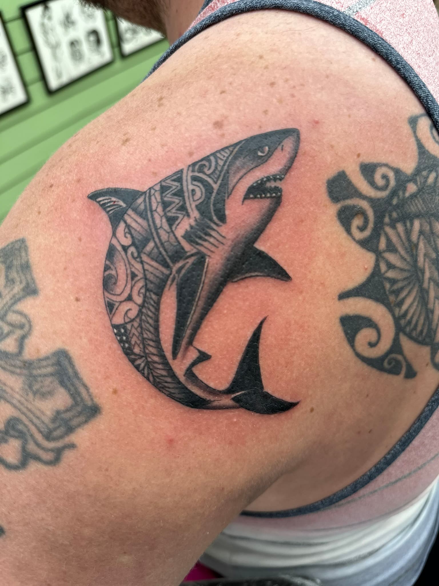 Custom Polynesian tribal shark tattoo by Isaac Mackenzie, Oahu