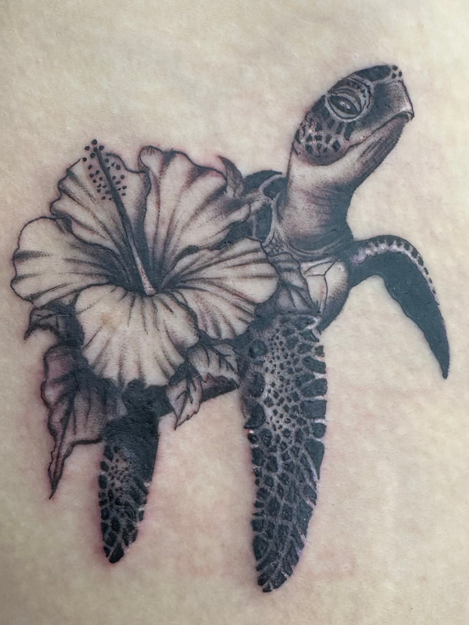 Realism hibiscus and sea turtle tattoo, Hawaii