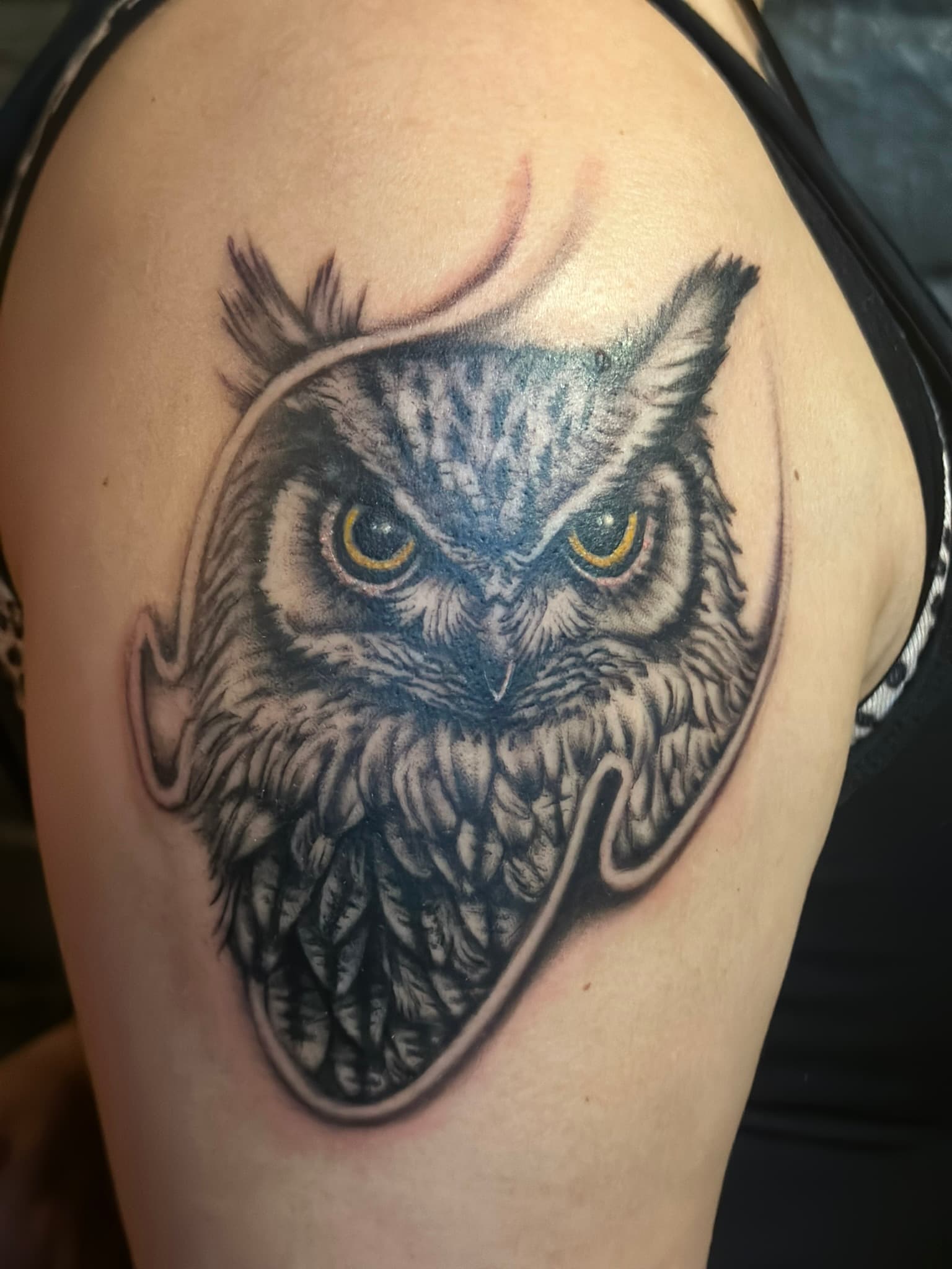 Black and grey realism owl tattoo, Hawaii