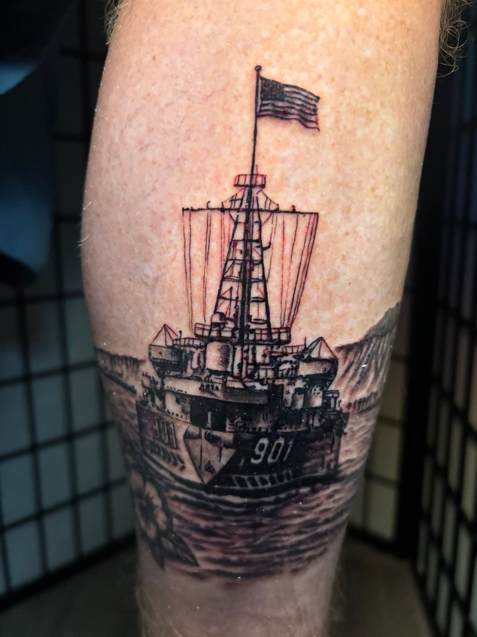 Photo-realism Navy ship military tattoo by Isaac Mackenzie, Oahu