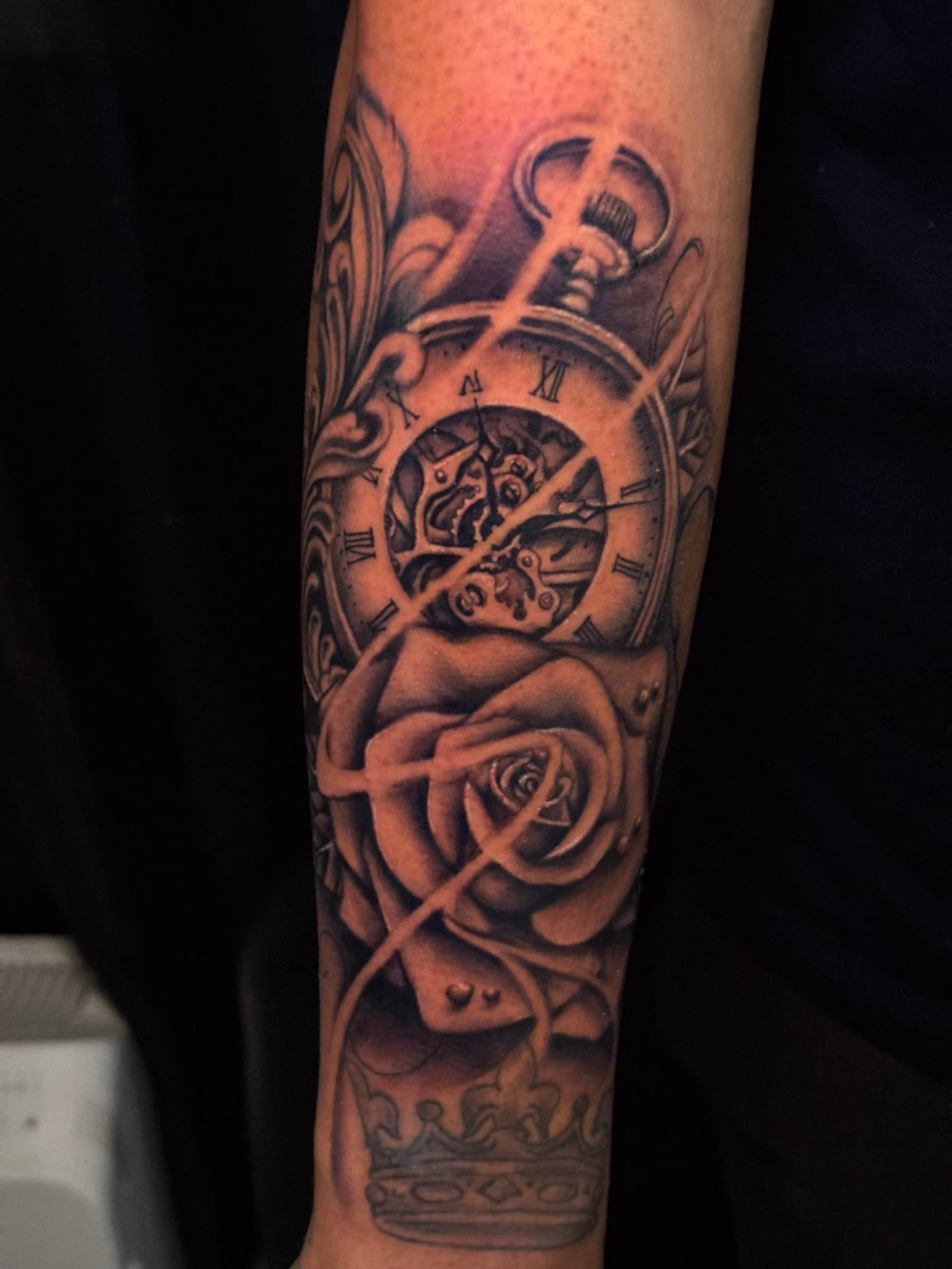 Realism pocket watch and rose tattoo by Isaac Mackenzie, Aiea