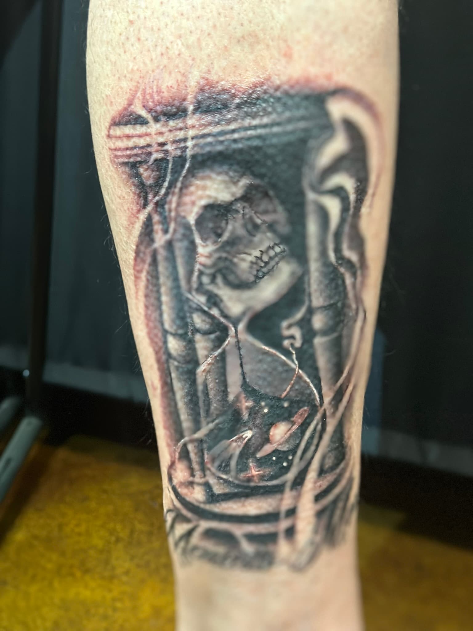 Realism skull and hourglass space tattoo flash