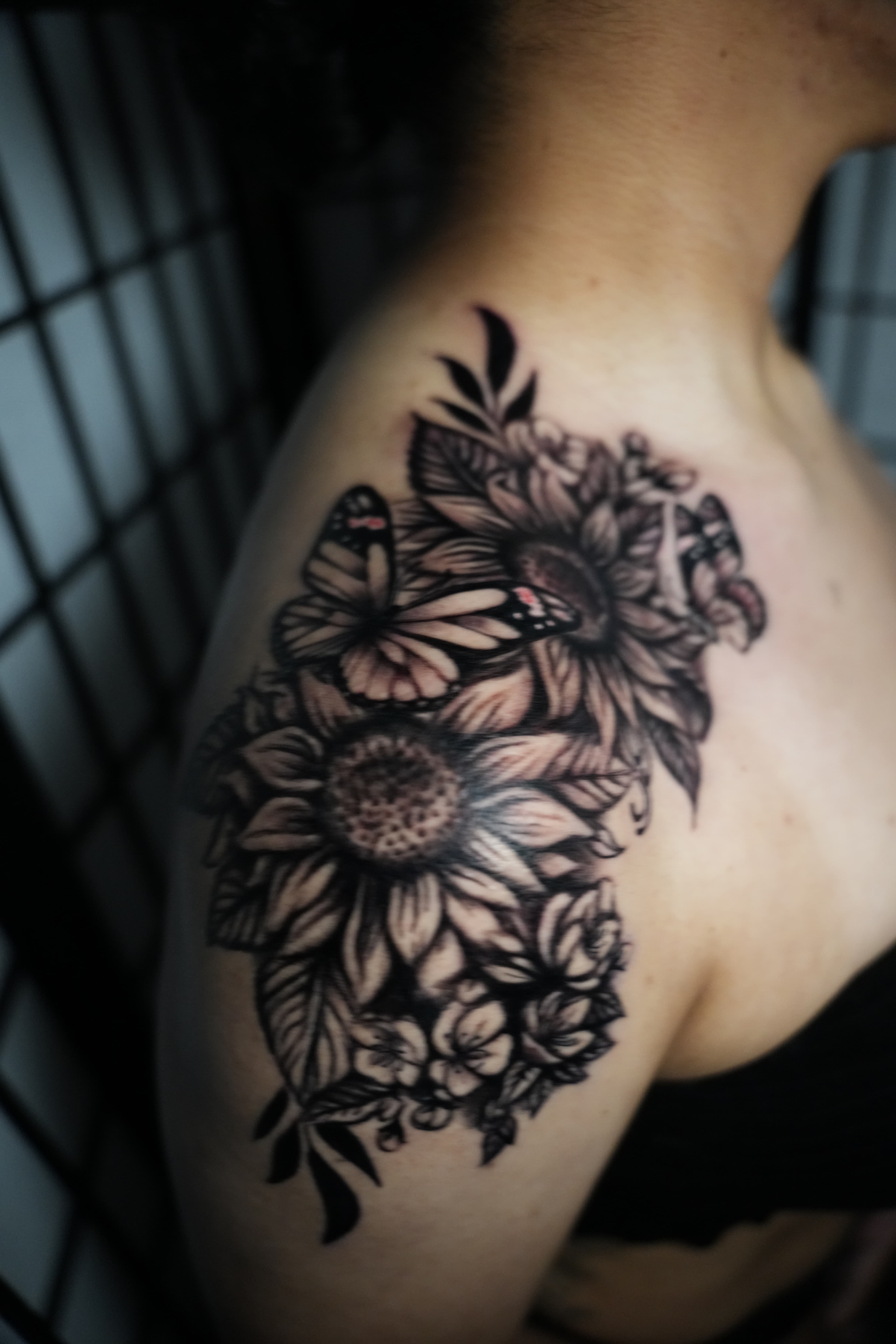 Color realism sunflower and butterfly tattoo