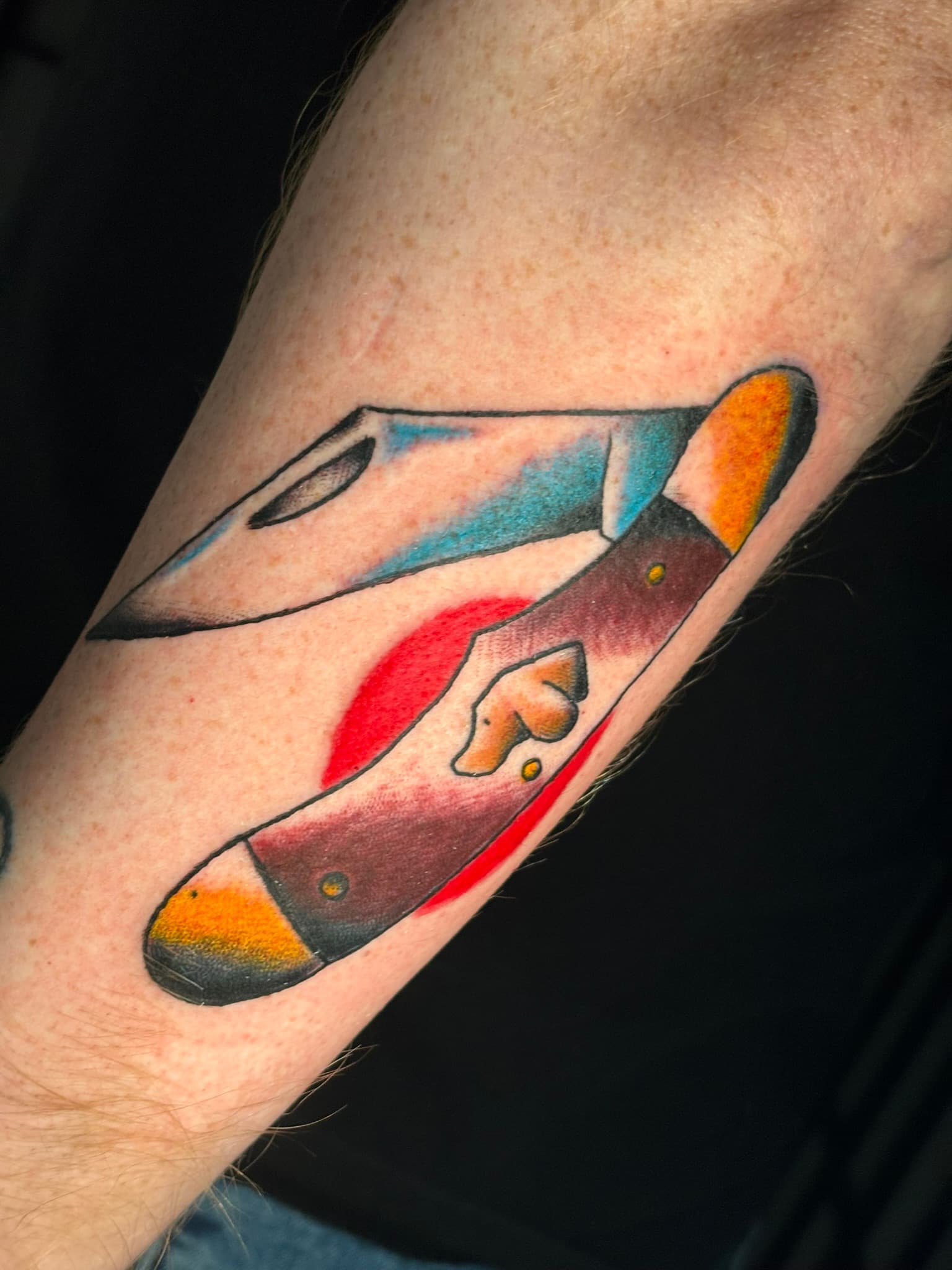 American traditional buck knife tattoo by Isaac Mackenzie