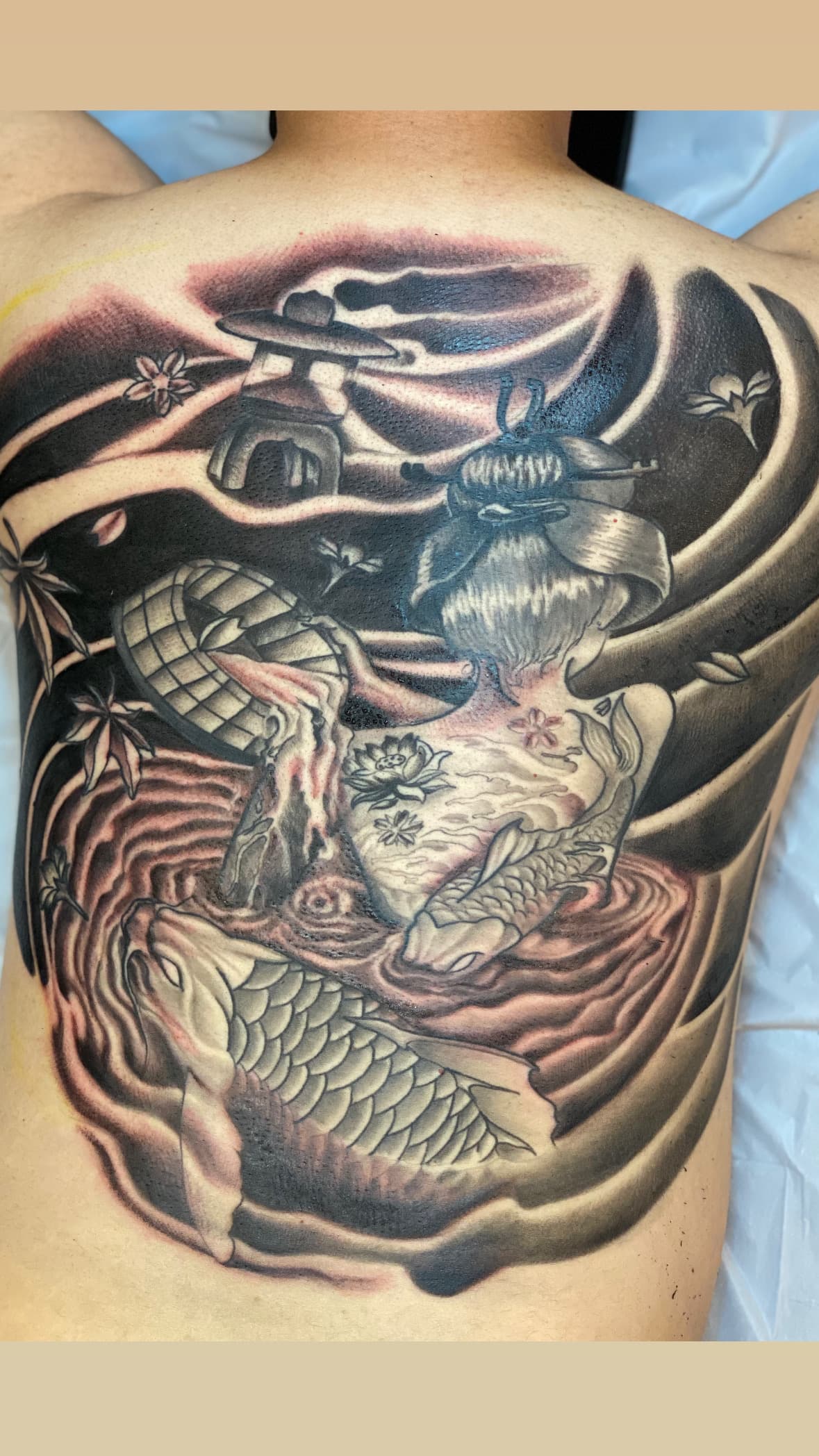 American traditional geisha in river back piece by Isaac Mackenzie, Oahu