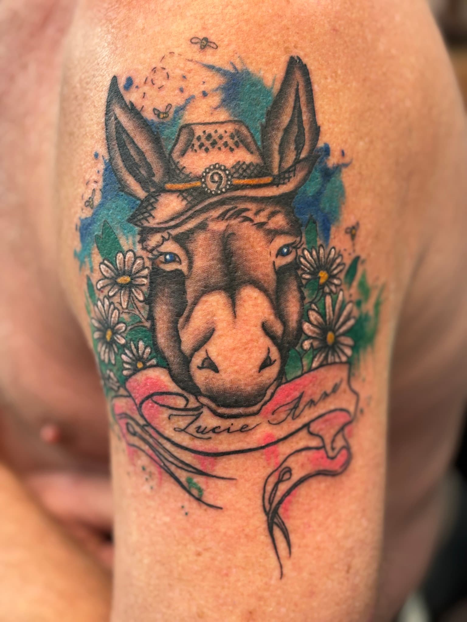 Watercolor donkey memorial tattoo by Isaac Mackenzie, Oahu